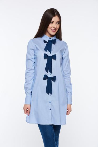 PrettyGirl lightblue women`s shirt cotton with easy cut with bow accessories office long