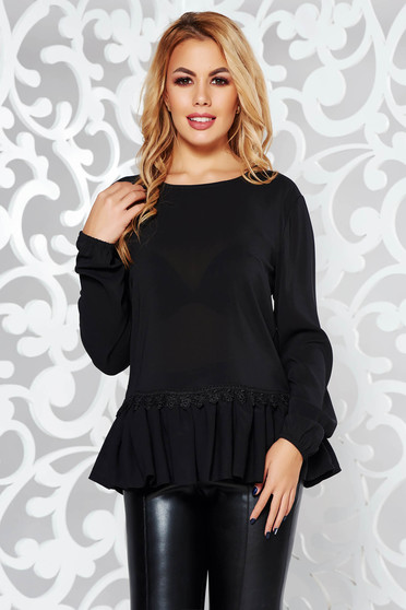 StarShinerS black elegant flared women`s blouse with lace details with frilled waist from veil fabric