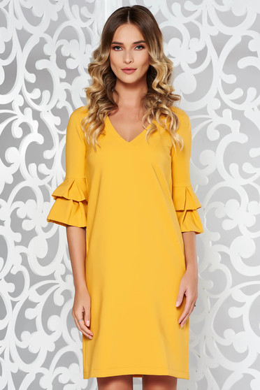 StarShinerS mustard office flared dress slightly elastic fabric with wrinkled sleeves