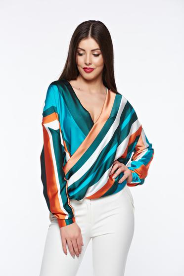 PrettyGirl green elegant women`s blouse with easy cut from satin fabric texture wrap around