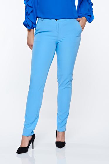 Pantaloni PrettyGirl albastri deschis eleganti conici cu talie medie din material usor elastic cu buzunare