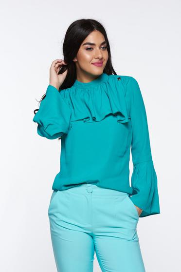 PrettyGirl green elegant women`s blouse airy fabric with easy cut with ruffles on the chest