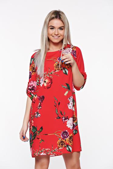 SunShine red casual flared dress airy fabric with floral prints