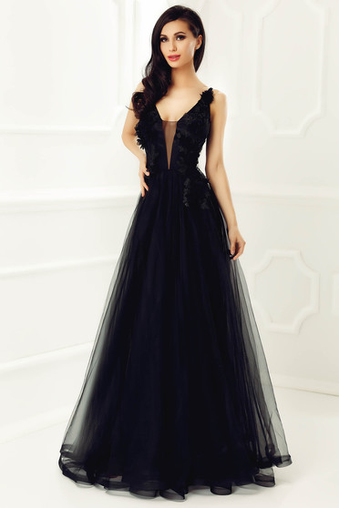 Rochie StarShinerS neagra de ocazie din tul captusita pe interior cu aplicatii florale cu efect 3D
