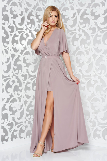 Rochie StarShinerS lila de ocazie din voal captusita pe interior cu elastic in talie