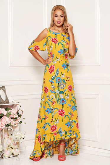 Rochie StarShinerS galbena de zi asimetrica cu umeri decupati din material subtire cu imprimeuri florale