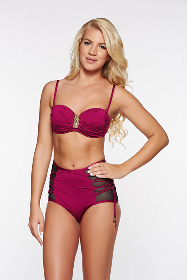 Costum de baie mov cu slip clasic cu talie inalta si sutien balconet cu push-up