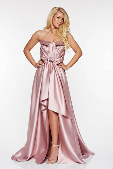 Rochie LaDonna rosa de ocazie asimetrica din material satinat cu umeri goi