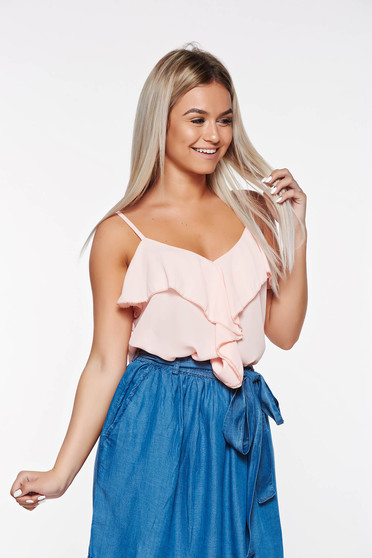SunShine rosa elegant top shirt with easy cut transparent chiffon fabric with ruffles on the chest