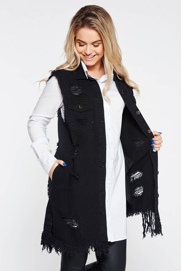 SunShine black casual gilet nonelastic cotton with easy cut with ruptures