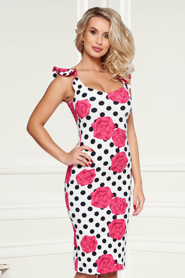 Rochie StarShinerS alba de zi tip creion din material elastic cu volanase la bretele