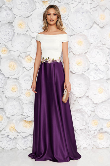 Rochie Artista mov de ocazie in clos din material satinat cu insertii de broderie