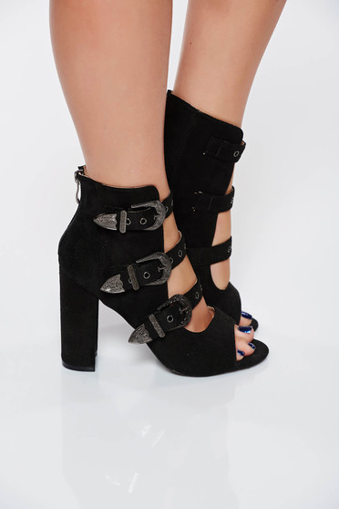 Black casual sandals chunky heel with buckles accessories