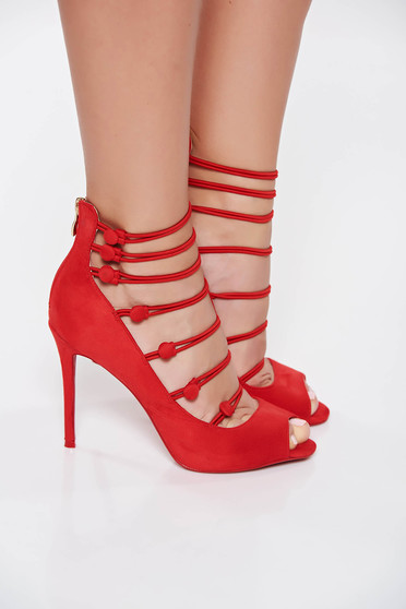 Red elegant with high heels sandals from ecological leather front cut-out design