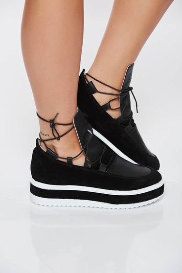 Pantofi sport negru casual din piele naturala cu talpa joasa accesorizat cu snur
