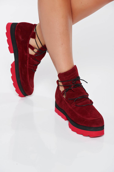 Pantofi sport rosu casual din piele naturala cu talpa joasa accesorizat cu snur