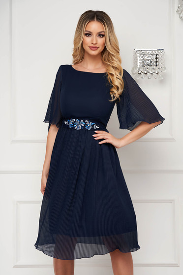 Online Dresses, StarShinerS darkblue occasional embroidered dress from veil fabric folded up accessorized with tied waistband - StarShinerS.com