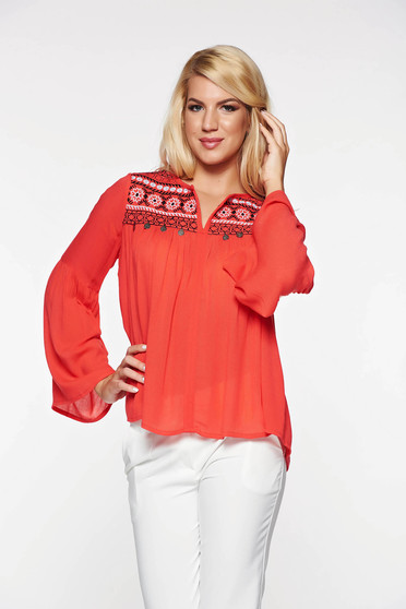 Top Secret red casual flared women`s blouse embroidered airy fabric with metal accessories