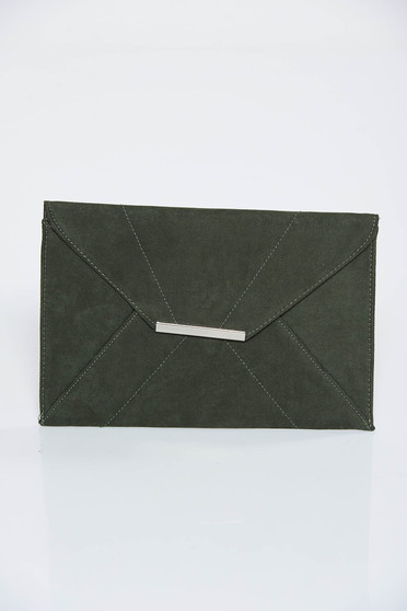 Darkgreen bag clutch from ecological leather with metalic accessory