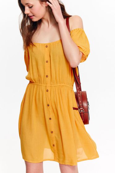 Rochie Top Secret galbena casual cu umeri goi din material vaporos cu elastic in talie