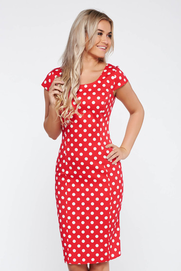 Red office pencil dress flexible glazed cotton with dots print