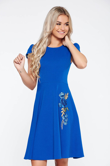 Blue elegant cloche dress from elastic fabric from soft fabric with embroidery details