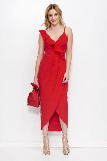 Rochie Makadamia rosie eleganta asimetrica cu decolteu in v si volanase