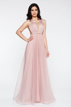 Ana Radu rosa dress accessorized with tied waistband from tulle with deep cleavage with inside lining luxurious