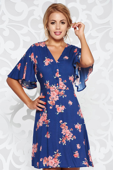 Blue daily cloche dress airy fabric from soft fabric with v-neckline