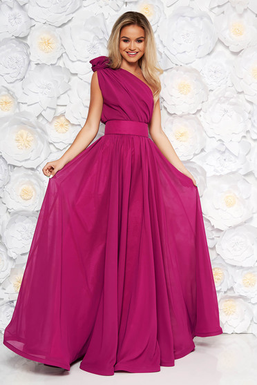 Rochie Ana Radu mov de lux lunga in clos din voal captusita pe interior accesorizata cu cordon