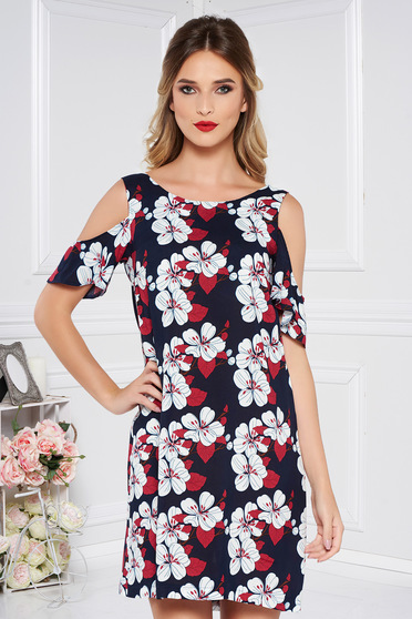 Rochie StarShinerS albastra-inchis casual cu croi larg din material vaporos cu umeri decupati