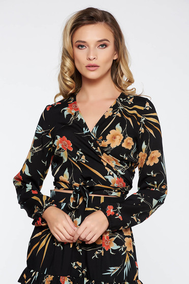 Bluza dama StarShinerS neagra casual cu decolteu din voal cu imprimeuri florale