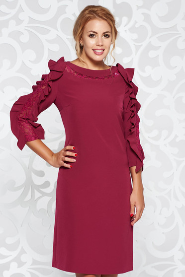 Purple elegant straight dress from non elastic fabric with ruffled sleeves