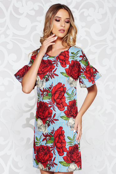 Rochie albastra casual cu un croi drept din bumbac neelastic cu imprimeuri florale