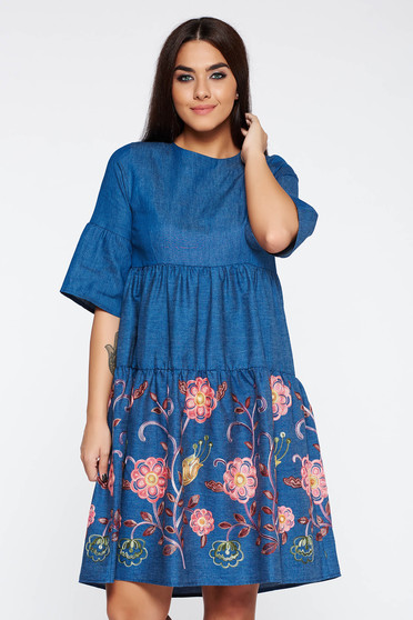 Blue dress daily embroidered nonelastic cotton with easy cut