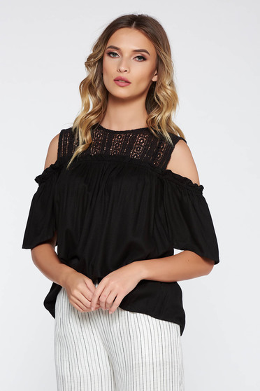 Black casual flared women`s blouse nonelastic fabric both shoulders cut out with lace details
