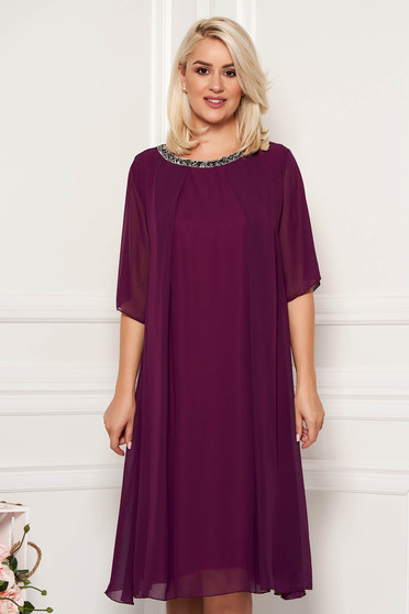 Rochie visinie midi de ocazie din material vaporos cu croi larg cu aplicatii stralucitoare la decolteu si captusita pe interior