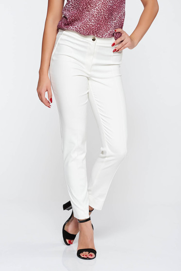 Pantaloni LaDonna albe conici eleganti cu talie medie bumbac usor elastic