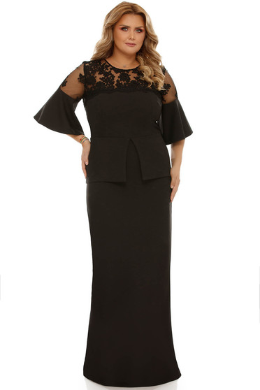 Rochie neagra de ocazie cu un croi mulat din stofa usor elastica cu volanase la maneca