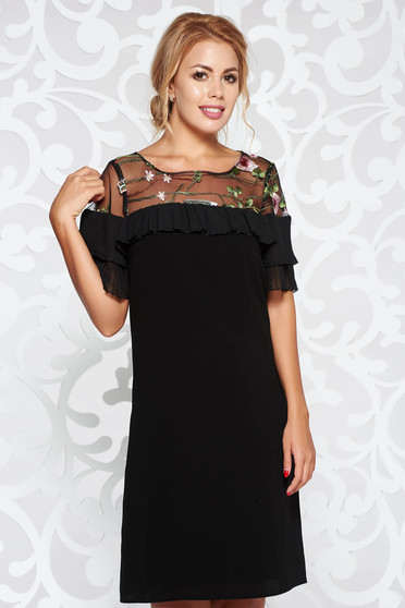 Black occasional flared dress with ruffle details with embroidery details soft fabric