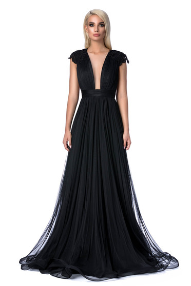 Rochie Ana Radu neagra de ocazie in clos cu aplicatii cu margele cu insertii de broderie cu bust buretat