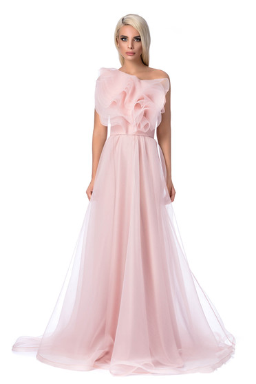 Rochie Ana Radu roz deschis de lux pe umar captusita pe interior din tul cu volanase