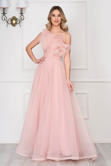 Ana Radu rosa occasional flaring cut dress with ruffles on the chest accessorized with tied waistband