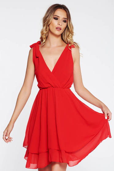 SunShine red dress elegant cloche from veil fabric with inside lining with v-neckline with cut back