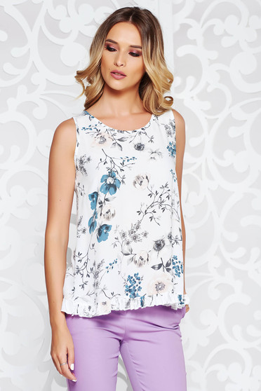 SunShine white top shirt casual flared airy fabric with ruffle details with floral prints