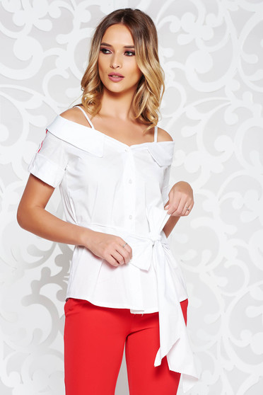 SunShine white women`s blouse casual both shoulders cut out accessorized with tied waistband