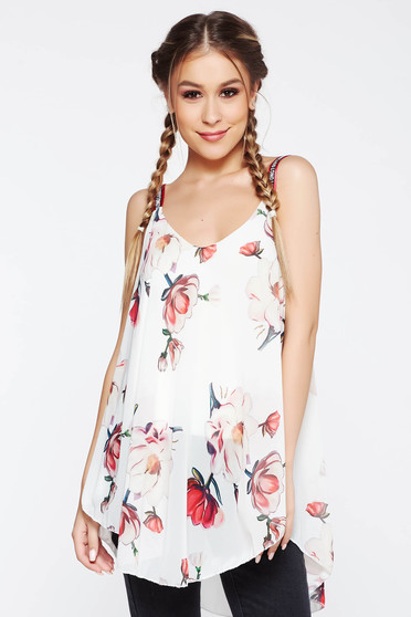 SunShine white casual flared top shirt from veil with inside lining with floral prints