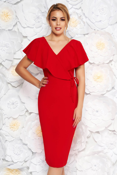 Rochie StarShinerS rosie eleganta tip creion din material elastic cu decolteu in v