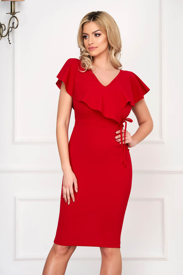 Rochie StarShinerS rosie eleganta midi tip creion din material elastic cu decolteu in v