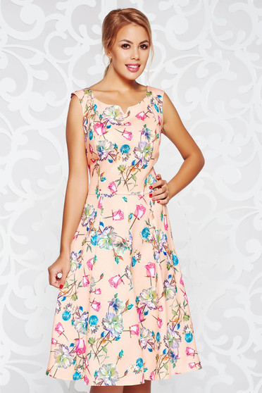 Peach daily midi cloche dress slightly elastic fabric sleeveless with floral prints